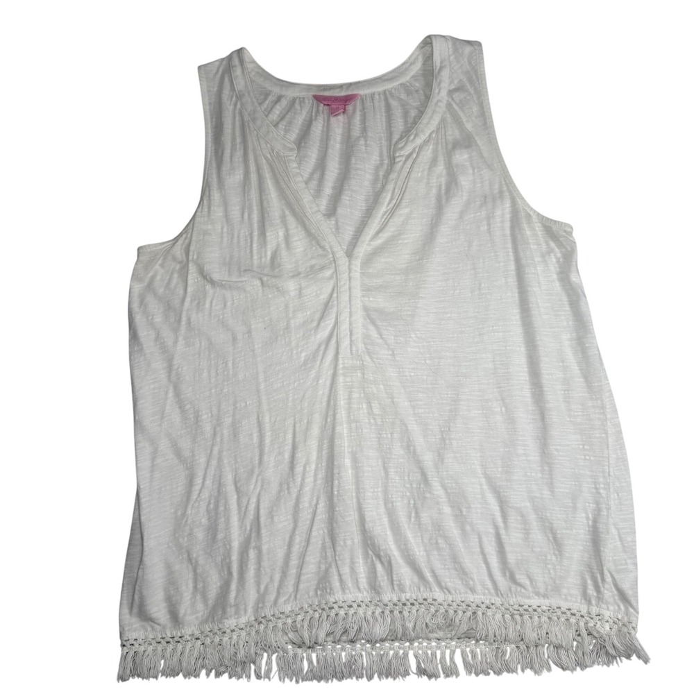 Lilly Pulitzer White Fringe Tank Top V‎ Neck Sleeveless Casual Resortwear Beach